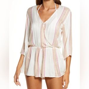NWT ELAN Textured Metallic Stripe Cover-Up Romper White Rose Large